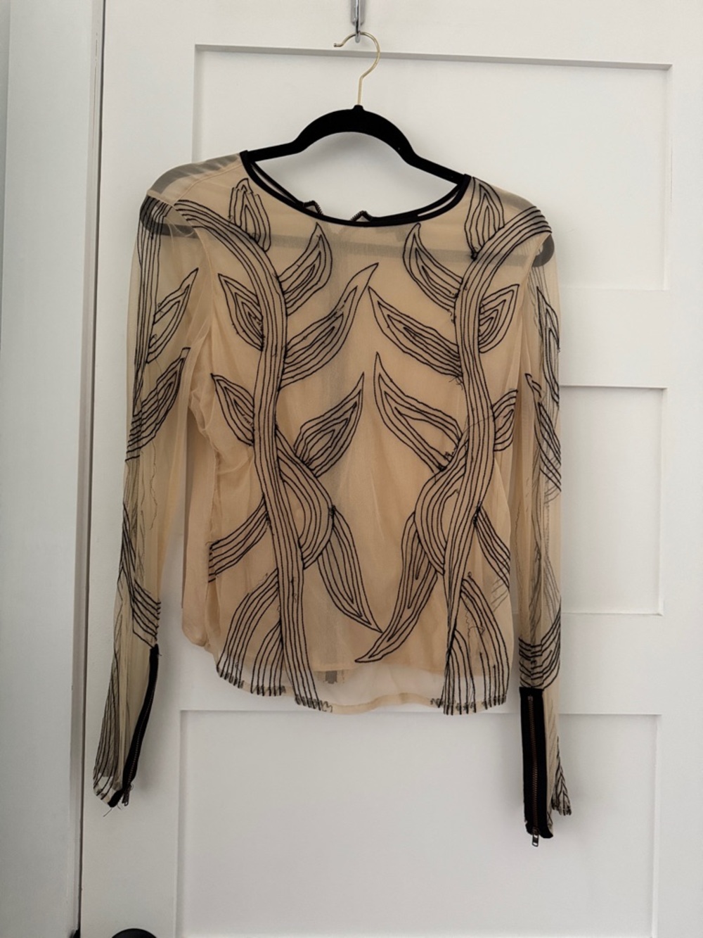 Topshop Y2K Beige Sheer Mesh Blouse Black Embroidered Trim Vintage 2007